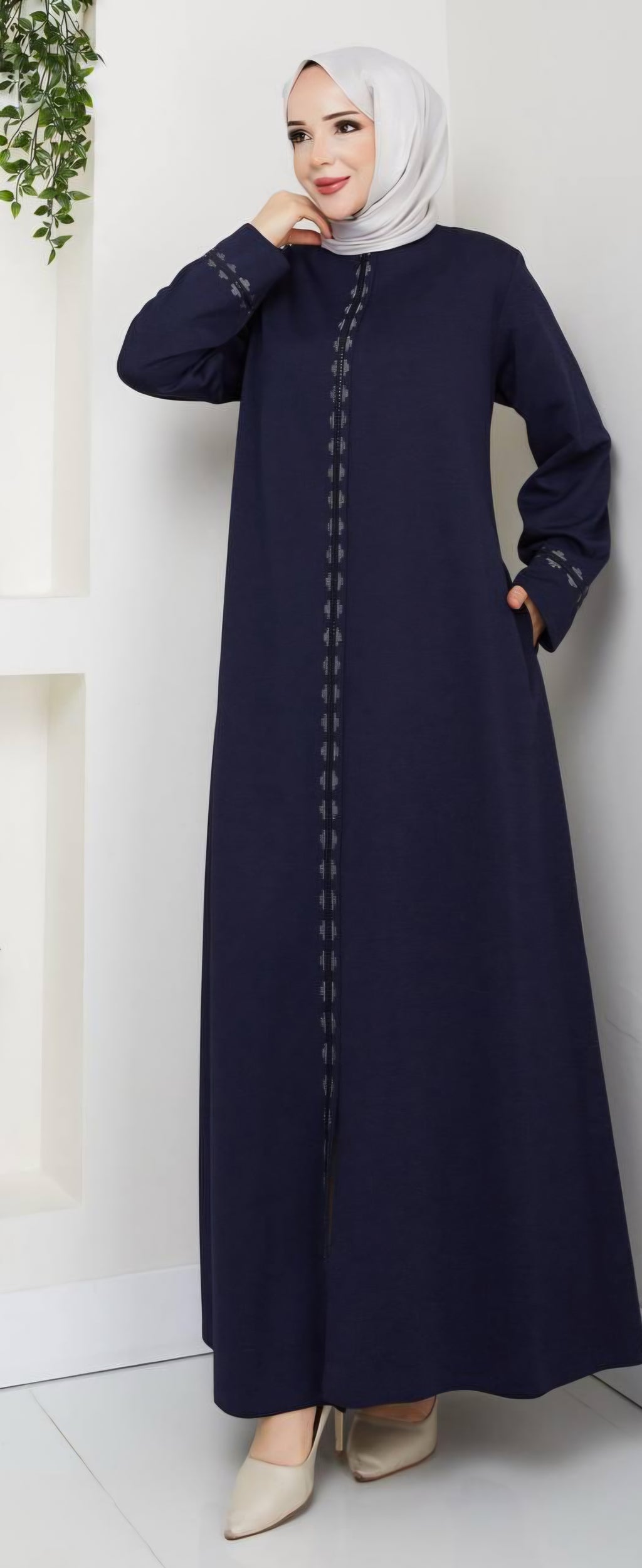 Abaya mit seitlichen Steinen - marineblau