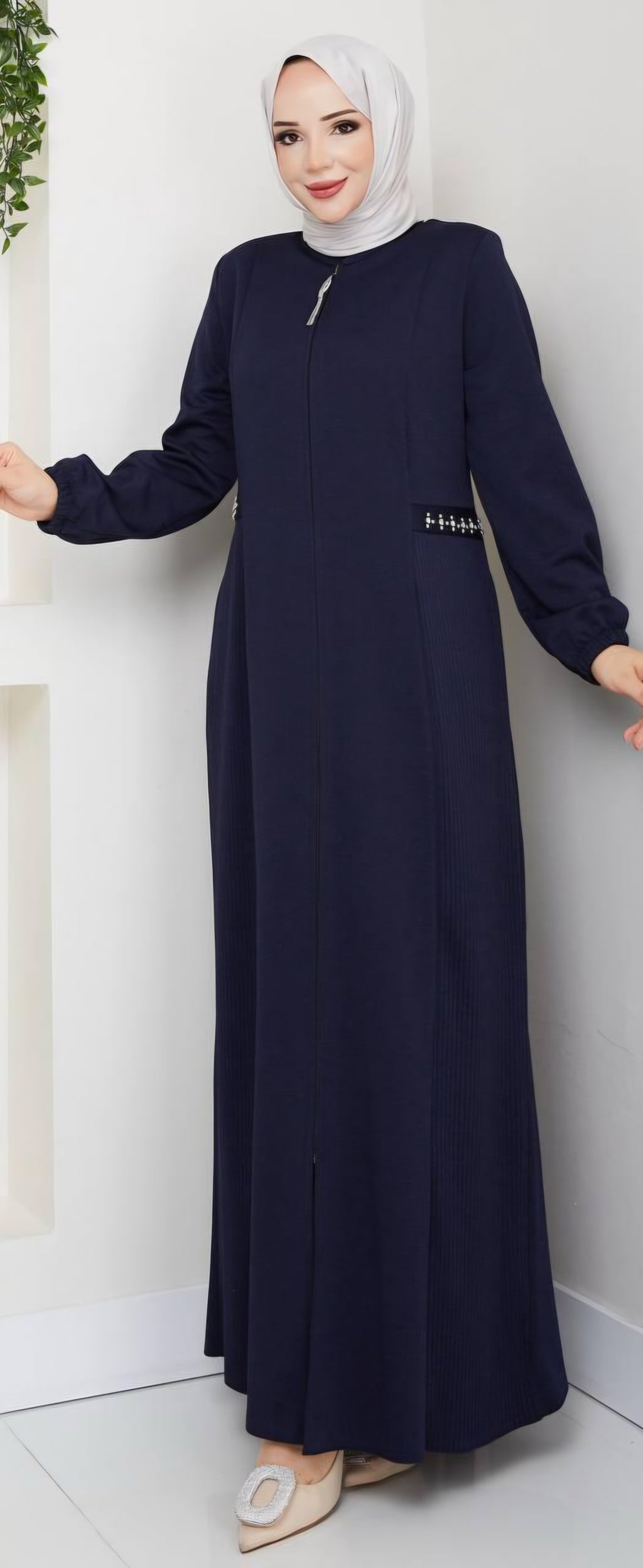 Abaya mit seitlichen Steinen – marineblau